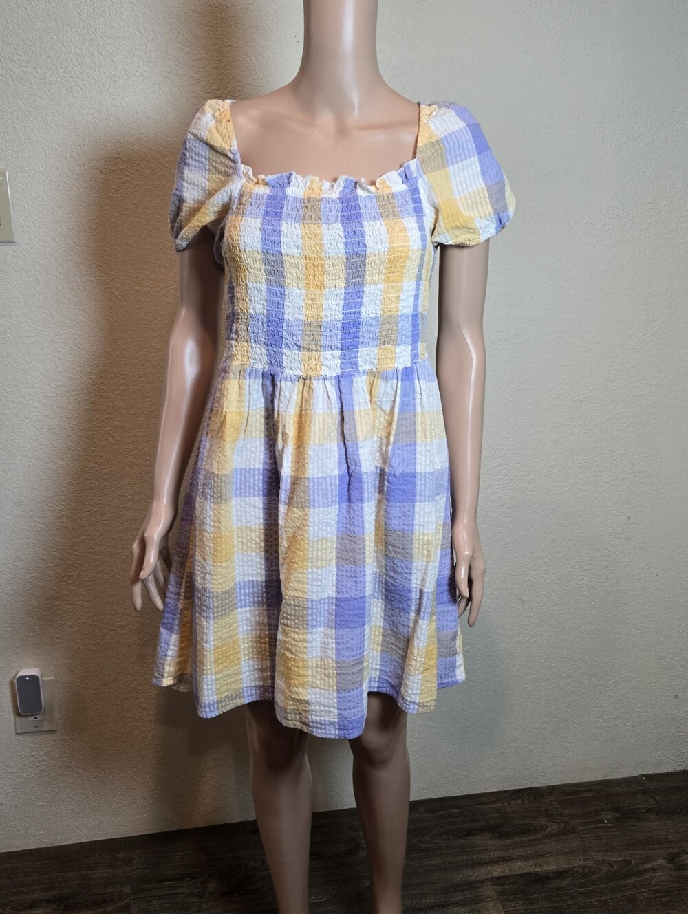 Arizona Plaid Puff-Sleeve Smocked Mini Dress in Yellow & Lavender Size Large - Picture 6 of 10